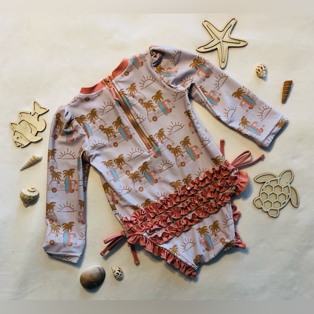 EUC Caden Lane Long-Sleeve Rash Guard One-Piece Swimsuit, Ruffle Bottom, 18-24M